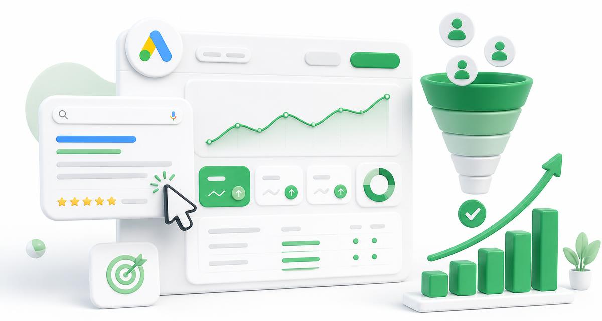 3D illustration of a Google Ads dashboard with a rising performance chart, click cursor and lead funnel