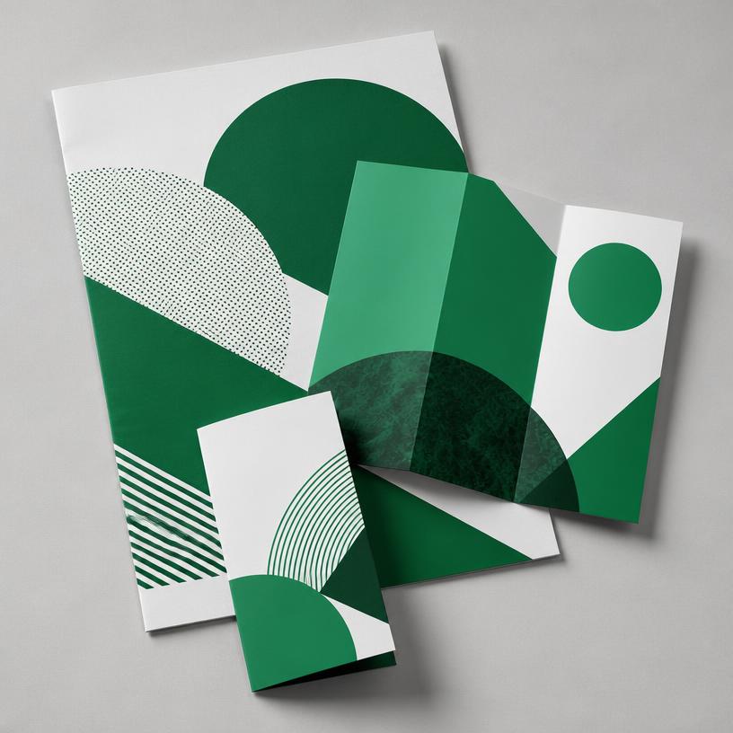 Printed posters and brochures with bold green geometric artwork