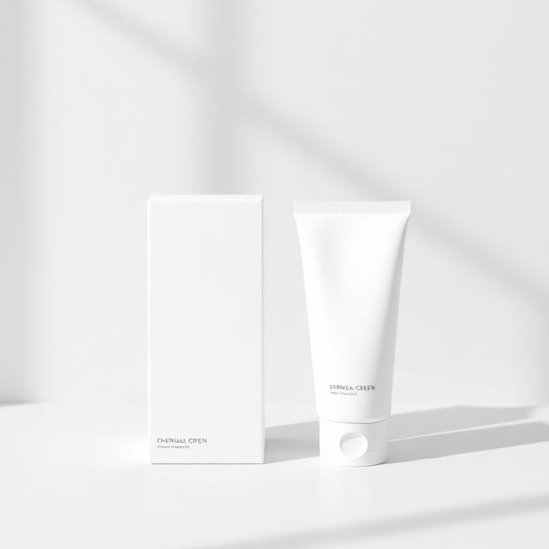 Clean white product packaging box and tube mockup in a studio setting