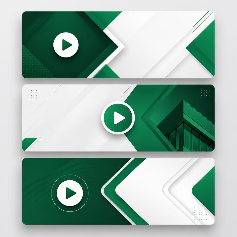 Three green and white YouTube thumbnail designs with play button icons