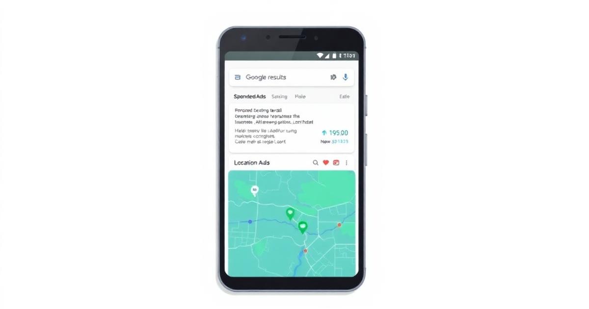 Mobile phone showing Google search results with sponsored ads and a location map